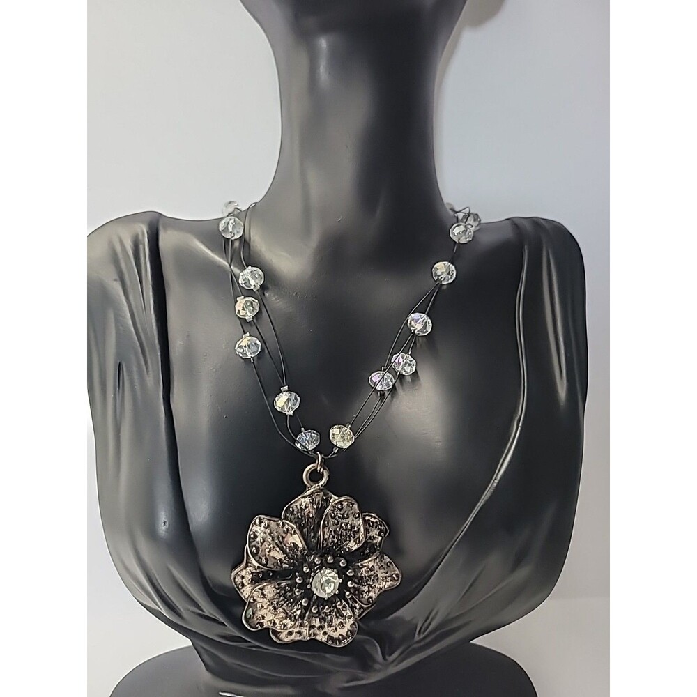 Vintage Floral Pendant Illusion Necklace Crystal Beads Silver Tone Flower